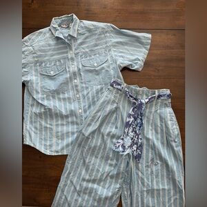 Vintage 80s French Navy Light Denim Striped Paper Bag Wide Pants Shirt Outfit M
